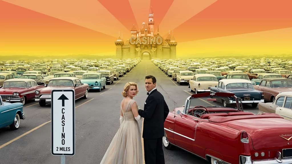 A casino resembling Disney World stands at the end of a packed parking lot, while a dressed-up couple looks frustrated at the prospect of walking to the entrance. 