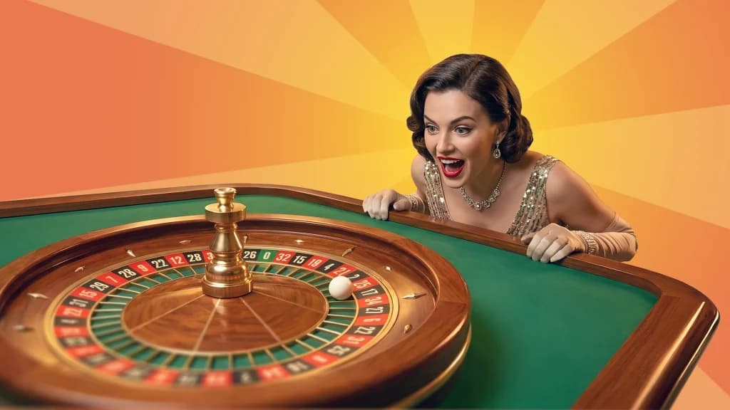 A lady in a sparkly gold dress excitedly leans over a roulette table as a ball lands on 17.