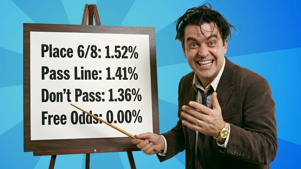 A man in a brown suit points a pointer at a whiteboard showing the house edges for the four best-house-edge craps bets: place bets, pass line, don’t pass, and free odds. 
