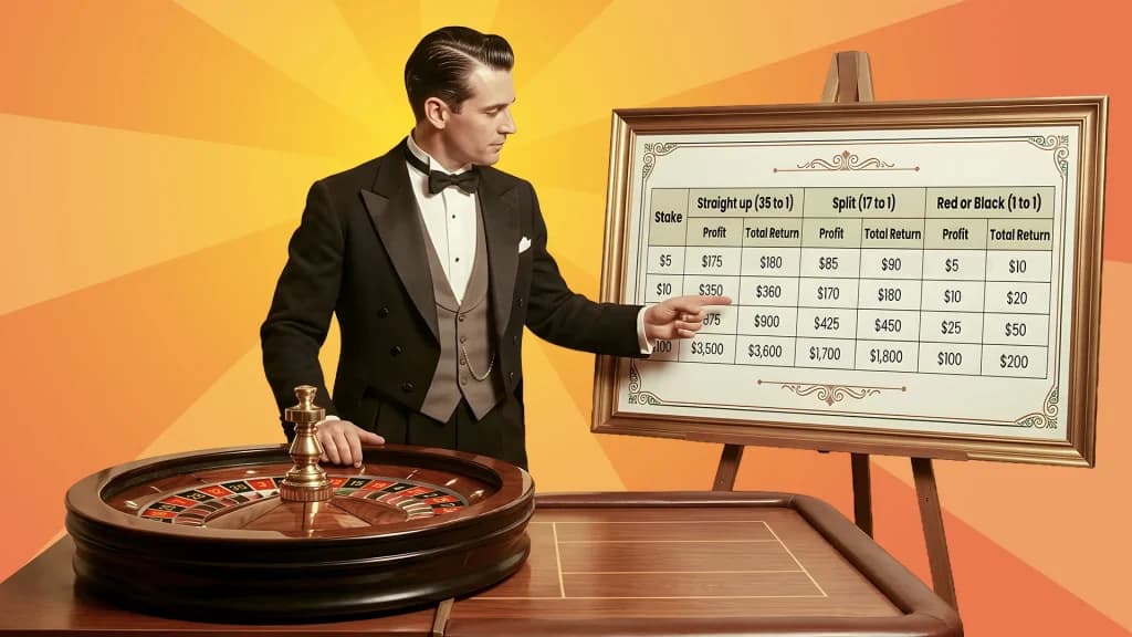 On a gold background, a gentleman in a tux points to a chart showing the returns for the Straight-up, Split, and red/black bets in roulette. He rests his other hand on a roulette wheel. 