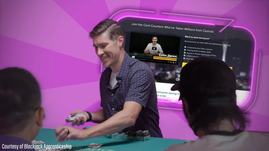 Colin Jones dealing cards at a blackjack table with the Blackjack Apprenticeship website displayed in the background.