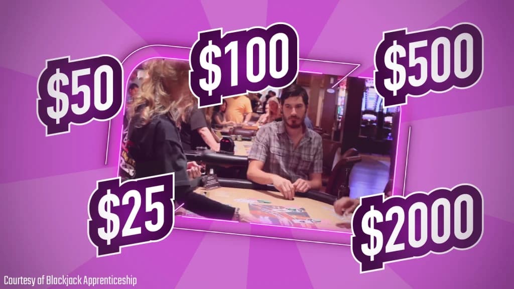 Colin Jones at a casino blackjack table with betting unit amounts displayed, ranging from $25 to $2,000 per hand.