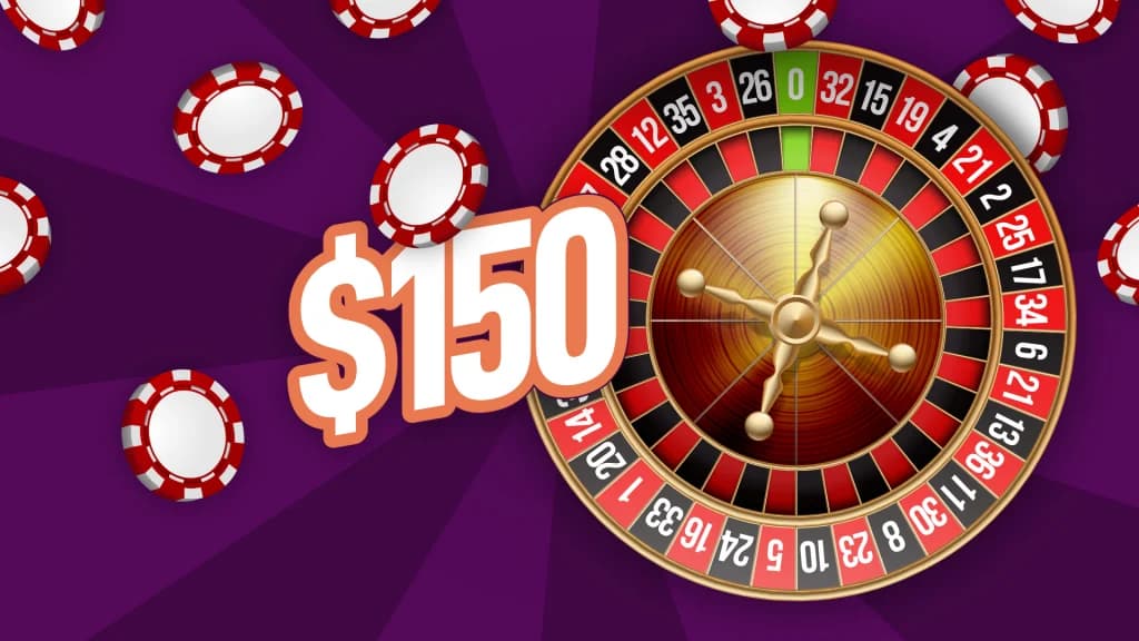 A roulette wheel with casino chips falling and "$150" written in text on a purple background