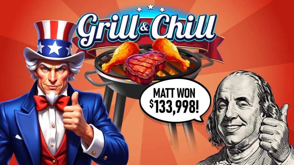 The Grill and Chill slot is shown on a red background, with a plate of chicken wings and a steak. Uncle Sam is pictured on the left, and Benjamin Franklin is on the right, saying, “Matt won $133,998!”