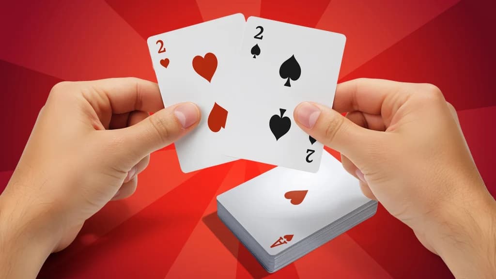 In a red image, two hands hold up a red and black two, with an ace on top of a pile of cards below it.
