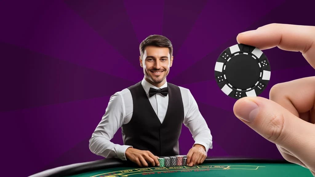 Smiling casino player seated at a gaming table while a hand holds up a black casino chip in the foreground.