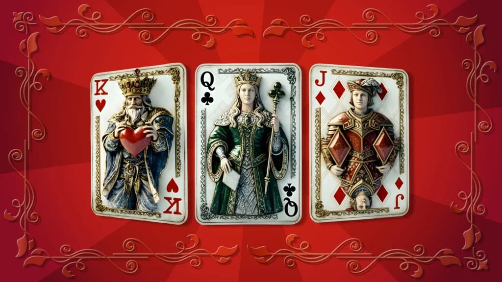 A king, queen, and jack playing card show the royal figures in 3D, the cards placed over a red background with an adorned border.