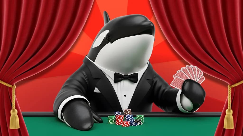 A whale plays cards at a green felt table, with stacks of colored chips in front of it.