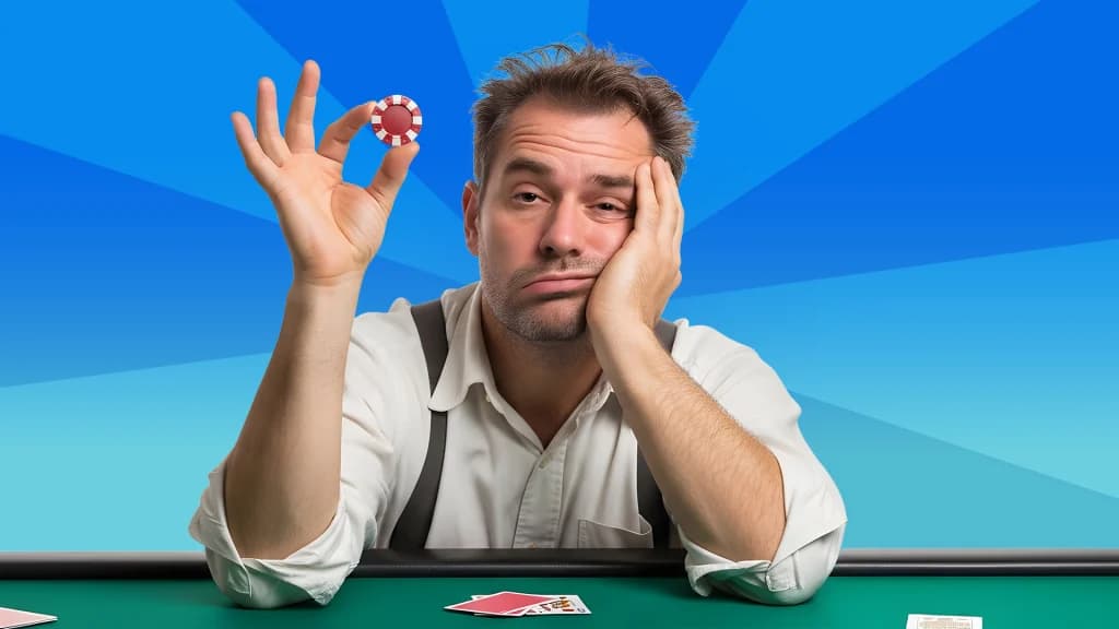 Holding a red coin in the air, a haggard-looking player appears disappointed at a green-felt blackjack table with a blue background in the image.