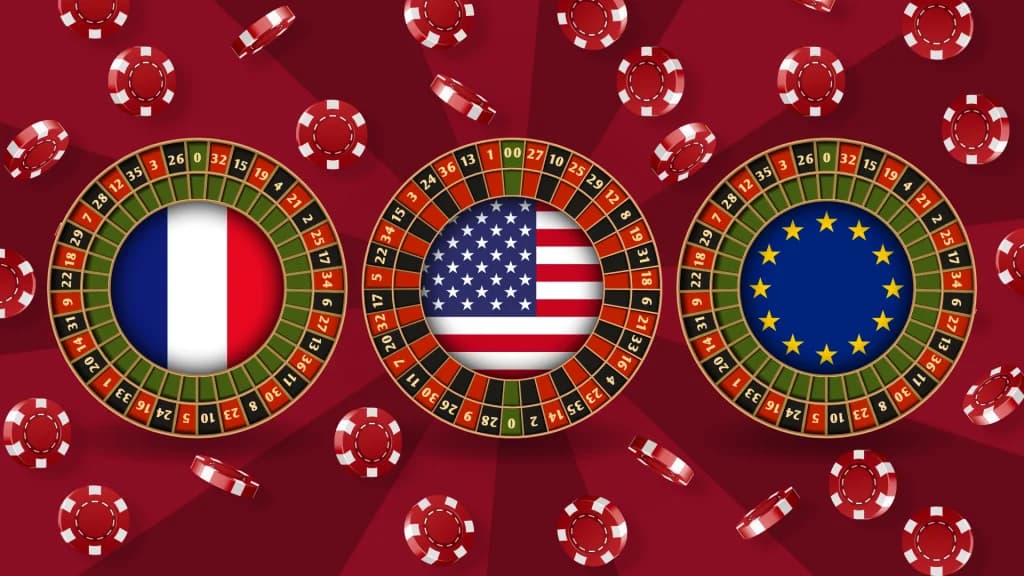On a dark red background, three wheels show French roulette, American roulette, and European roulette. Red betting chips float around them in the background.
