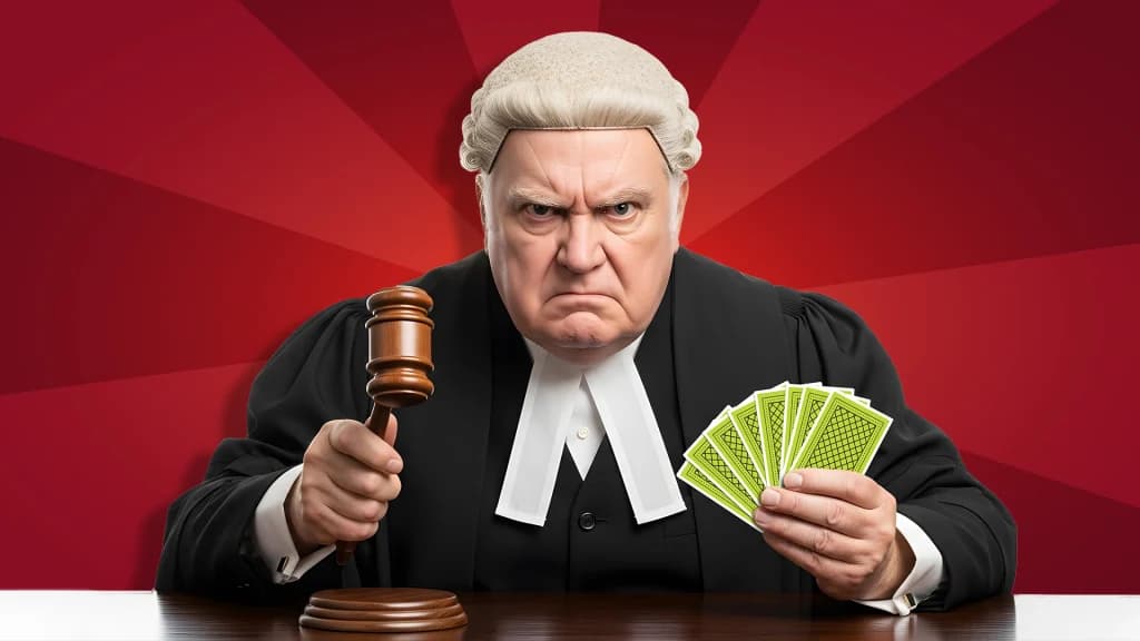 With eight cards in his left hand, a stern judge hits his gavel on a court bench in front of a dark red background.