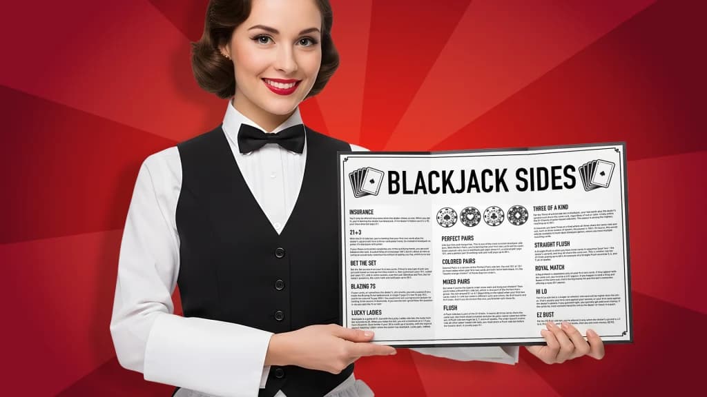 A lady in formal server clothes displays a menu of Blackjack Sides on a red background
