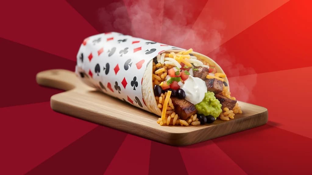 On a dark red background, a steaming hot burrito rests on a cutting board, its wrapper showing playing card suits.