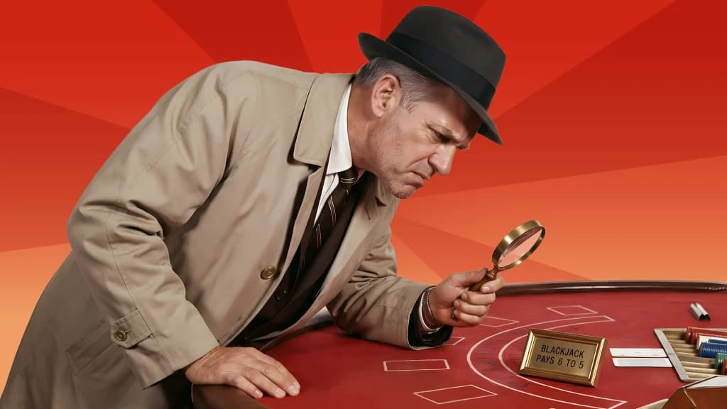 “Blackjack pays 6-to-5” is shown on a small gold sign on a blackjack table. A detective holds a magnifying glass to read it.