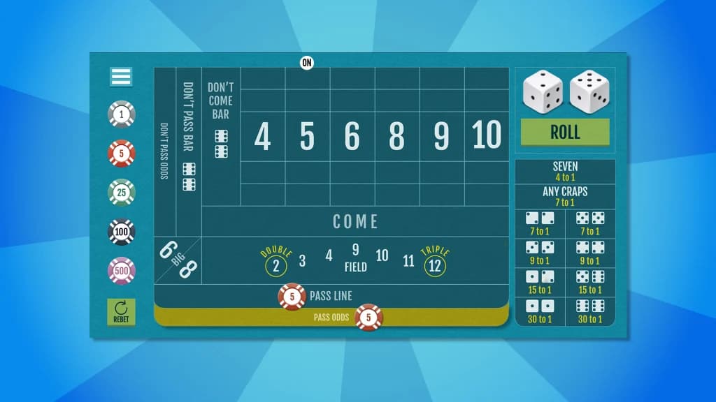 We see a craps table layout, with a chip on the pass odds line, showing how to put odds behind the pass line bet.