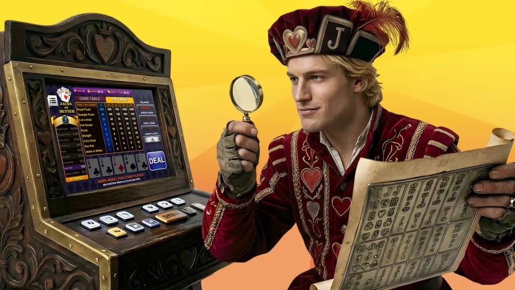 A human Jack of hearts peers at a video poker machine using a magnifying glass, reading the paytable for Jacks or Better.