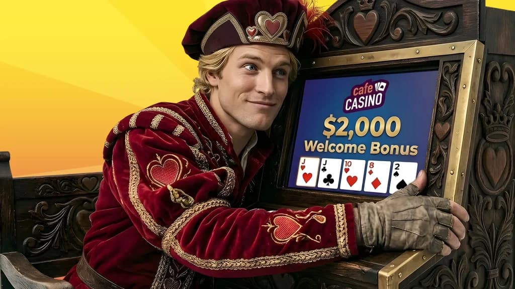 Jack of Hearts hugs a video poker machine displaying a $2,000 Welcome Bonus from Cafe Casino, the bets place to play Jacks or Better.