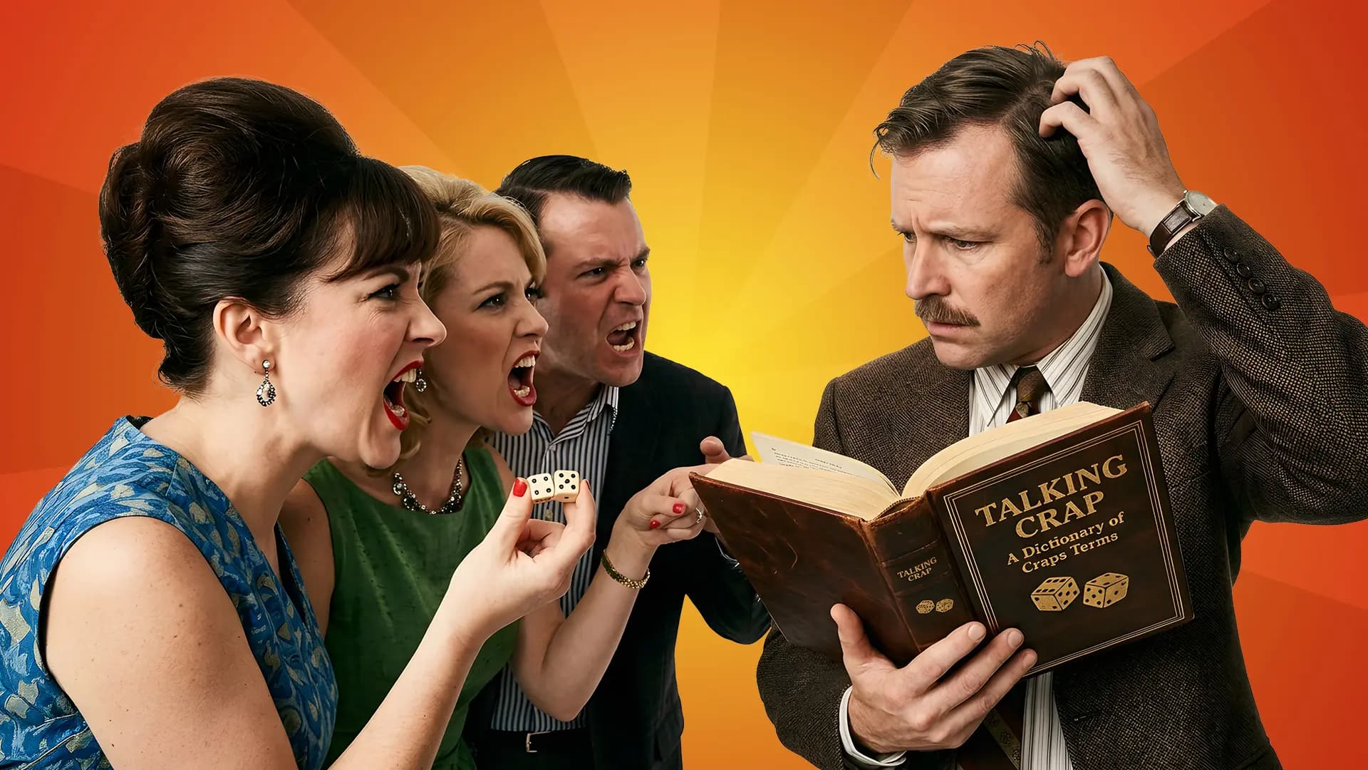 Two women and a man yell confusingly at a man in a brown suit reading a book called “Talking Crap: A Dictionary of Craps Terms.”