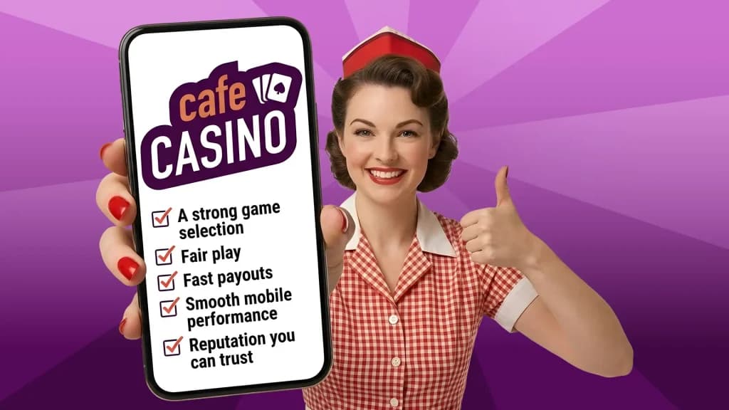 The checklist for identifying the best roulette site is shown on a smartphone, which a smiling diner waitress is showing in her right hand.