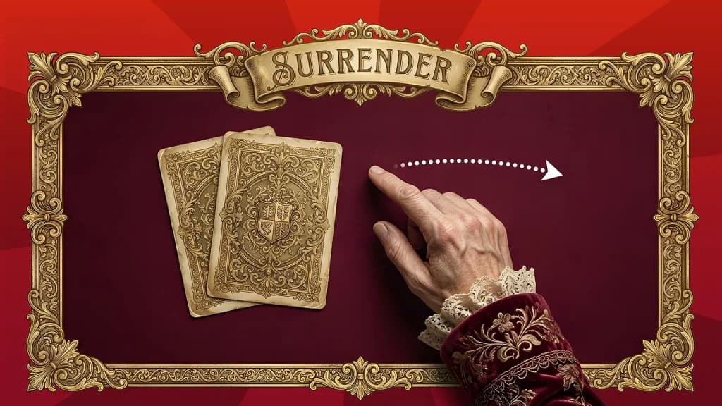 The back of two playing cards rests on the left-hand side of a maroon-colored rectangle within an adorned frame. A man’s hand uses his pointer finger to make a scraping motion, using the blackjack sign for “hit.”