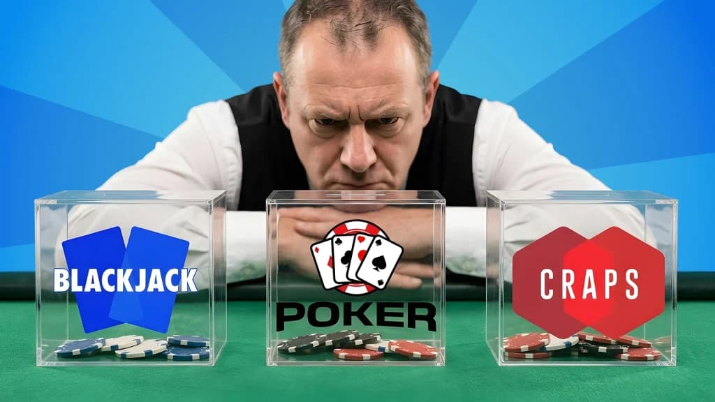 Three games’ tip jars rest on green felt: blackjack, poker, and craps. A dealer stares intently at them, seeing which tip jar has more.