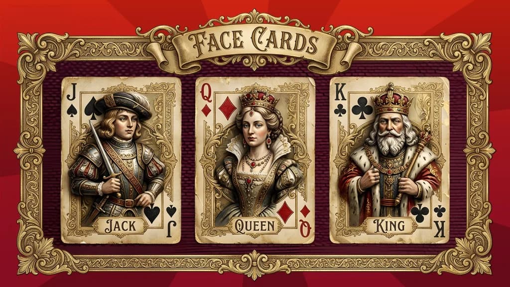 Three face cards, a jack, queen, and king, are lined up within an adorned frame on a red background.