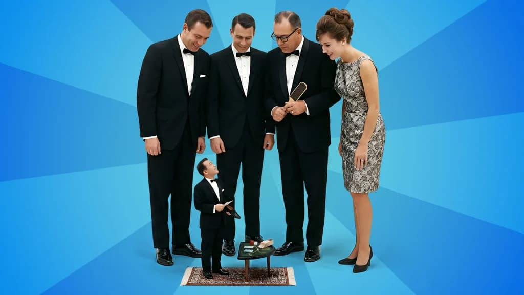 Three baccarat-playing men in black suits and one lady in a dress peer down at a mini man playing mini baccarat at a tiny little table.