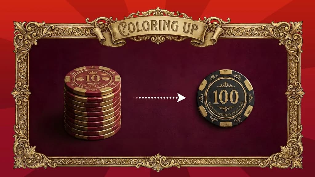A stack of red chips is beside one black chip, and a white arrow points between them, showing the trade-in that happens with a “color up” in blackjack.
