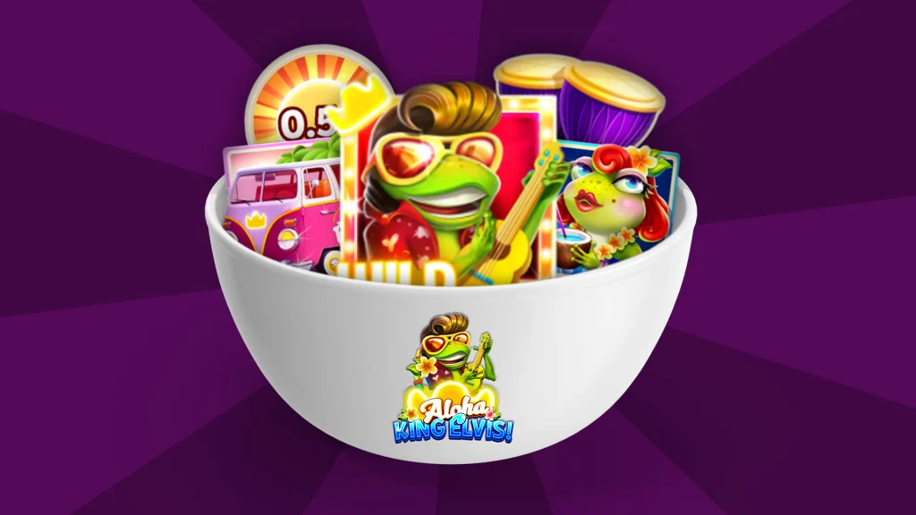 A ceramic bowl filled with cartoon figures and symbols from Cafe Casino slots games, against a purple background.