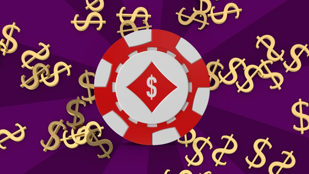 A red poker chip with a dollar sign on it, surrounded by many golden dollar signs, on a purple background.