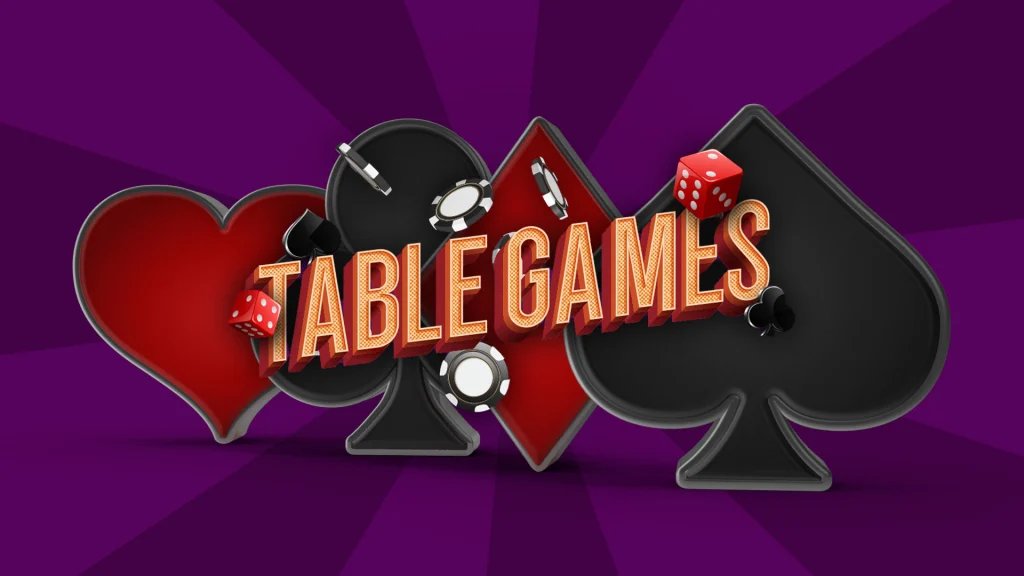 Table Games written in Vegas style letters in front of the playing card symbols red heart, black clover, red diamond and black spade.