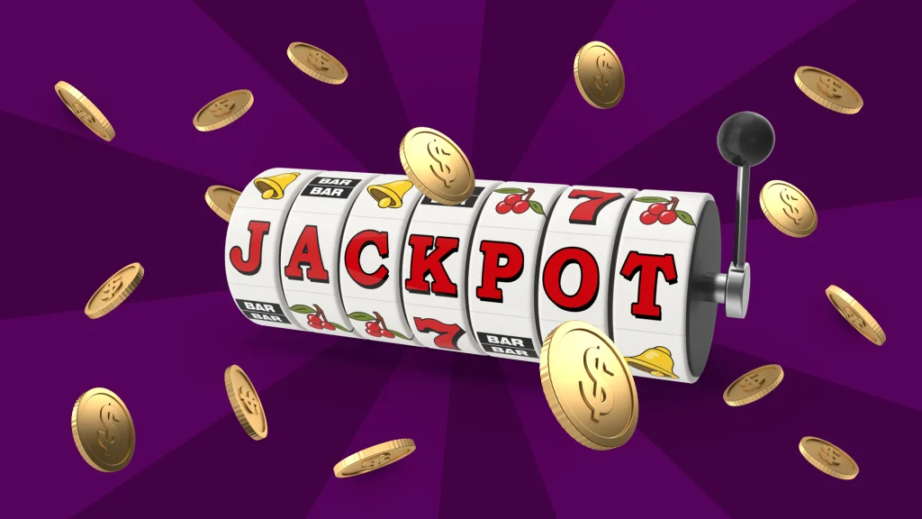The word JACKPOT across a 7-reel slot, with a hand lever on the right side. Gold coins float around it.