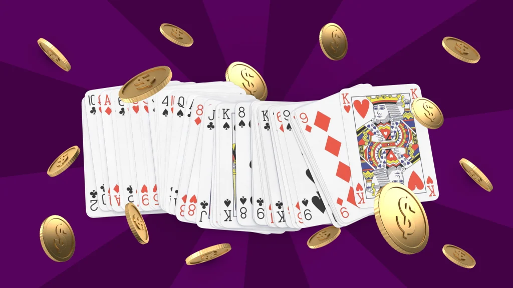 A stack of playing cards laid on its side so you can see a small piece of every card, with gold coins surrounding it.