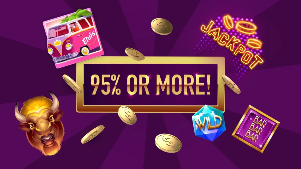 Badge that reads ‘95% or more!’ surrounded by various slot game symbols and coins against a purple background.