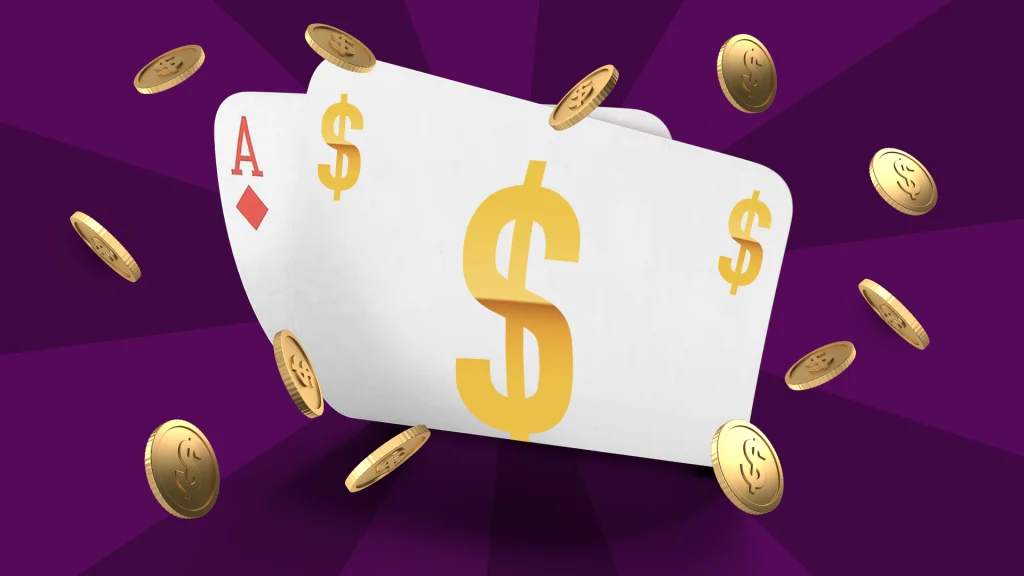 Two poker cards surrounded by gold coins against a purple background.