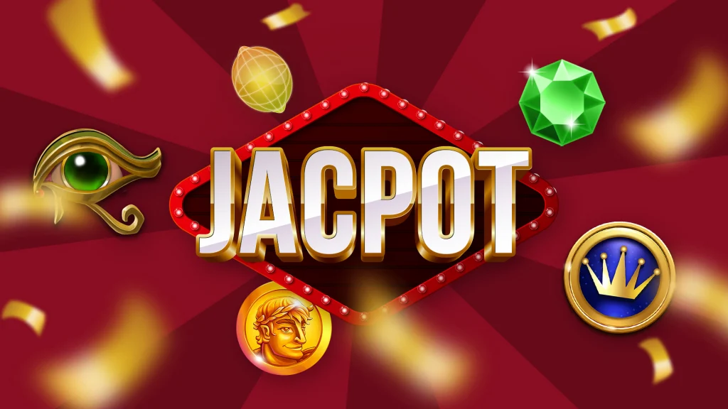 Gold ribbons float on a dark red background. In the center, text reads, “Jackpot” surrounded by marquee lights and various slot symbols.