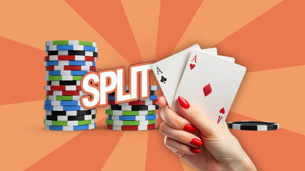 Two stacks of betting chips are shown on the left of a peach image. To its right is a hand with red nails holding up two aces.