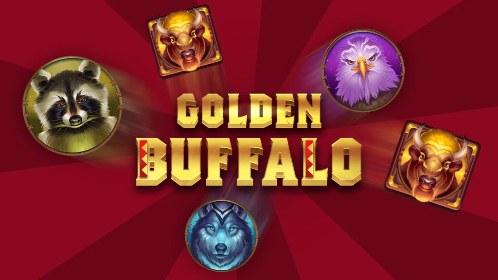 Yellow golden block letter font displaying, Golden Buffalo, the logo from the Cafe Casino slots game, on a red background.