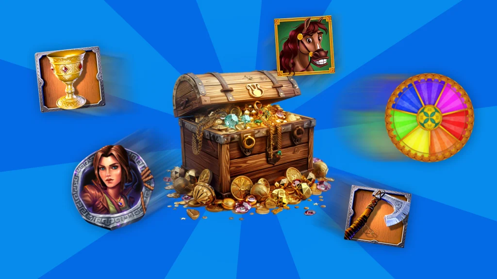 On a blue background, there’s an open treasure chest in the middle and various adventure-related slot symbols surrounding it.