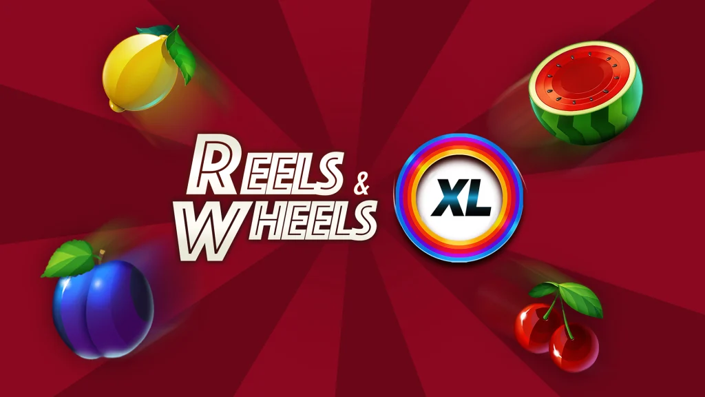 The Reels and Wheels XL game logo from Cafe Casino in the center, with fruit slots symbols like blueberry, lemon, watermelon and cherries surrounding it.