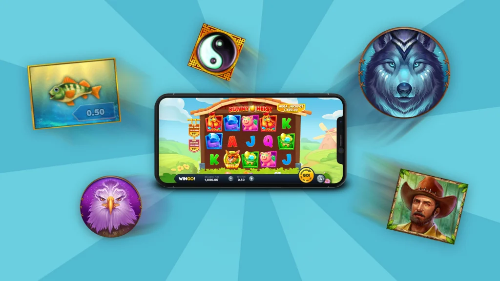 On a light blue background, a mobile phone is in the center playing an animal slot, and various animal-related symbols are surrounding it.