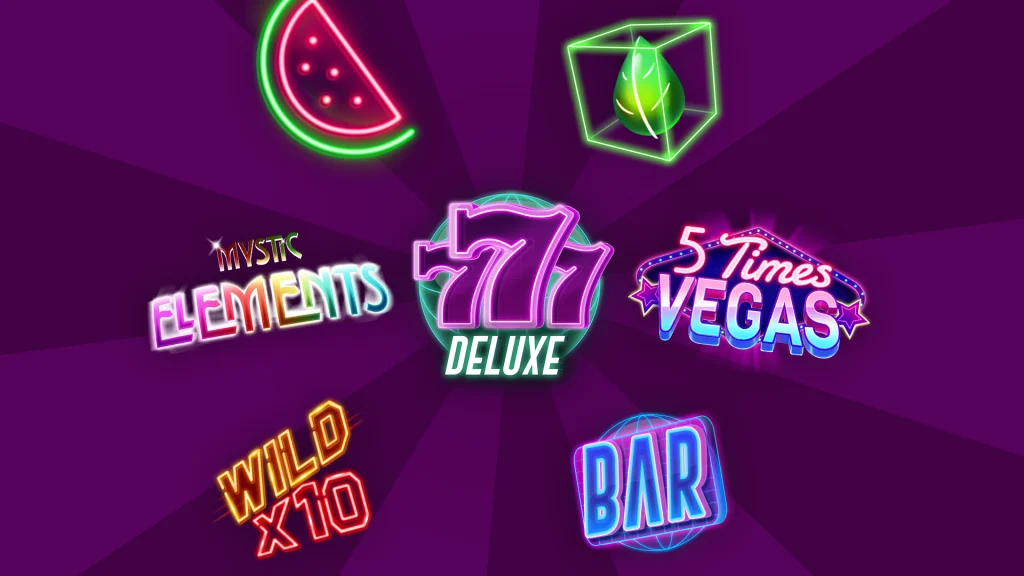 The Cafe Casino slots game logo for 777 Deluxe, surrounded by Vegas-style symbols and logos for other Vegas slots.