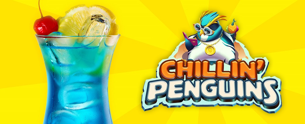 On the left, against a two-tone yellow backdrop, is a blue summer cocktail, filled with ice and garnished with a cherry and lemon slice. To the right, is the logo of Cafe Casino's slot game, Chillin' Penguins, displaying a cartoon penguin sporting glasses and a gold chain. Below, the game title shines in an eye-catching orange and white cartoon font.