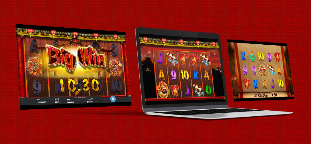 Caishen’s Fortune XL slot on a laptop with in-game features like big slots win showcased on both sides
