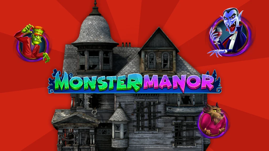 The words ‘Monster Manor’ overlaid on a large, haunted house, surrounded by game symbols set against a red background.