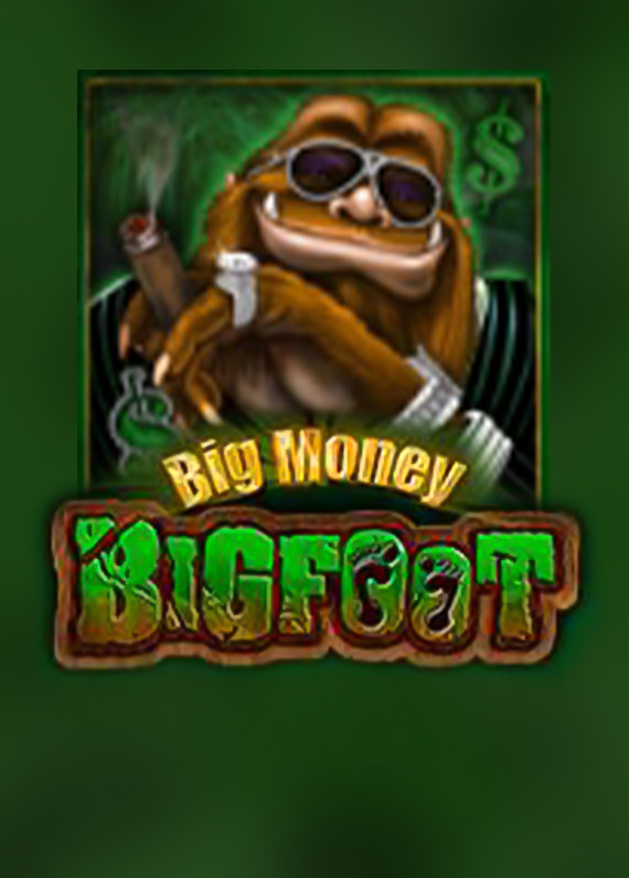 A slot game logo and character featuring bigfoot wearing sunglasses and holding a cigar with the game heading of Big Money Bigfoot beneath it