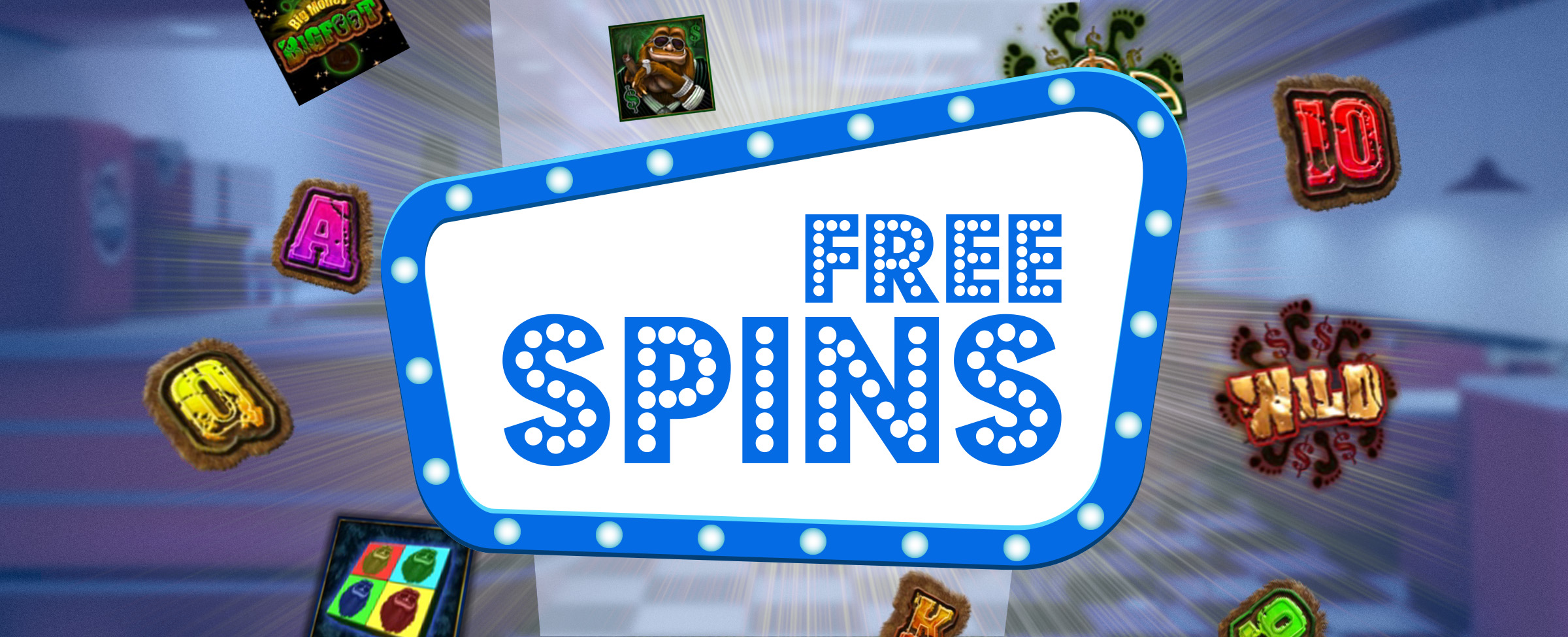 A Las Vegas-style sign shows the words Free Spins with symbols from the Big Money Bigfoot slot game at Cafe Casino floating around it