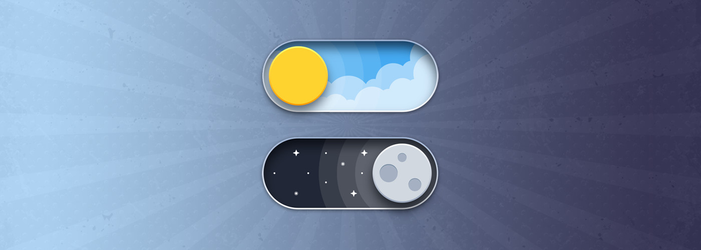 A cartoon sun on a blue cloudy sky background and a moon on a starry-night background to indicate day and night on mobile phones