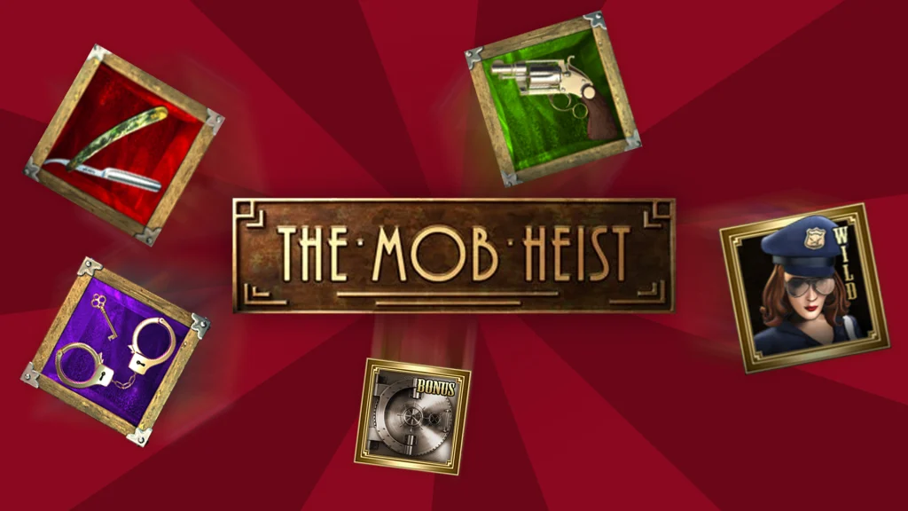 The Cafe Casino slots game logo for Mob Heist, on a red background, with game symbols floating around it.