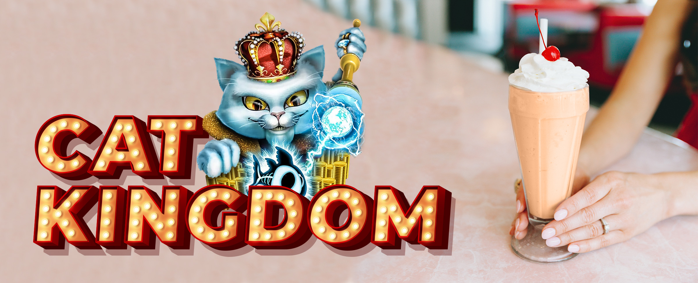 Vegas-style sign saying “Cat Kingdom” with a cartoon character of a cat wearing a royal hat peering over the words, from the Cafe Casino slots game, next to a milkshake in the setting of a 50s diner